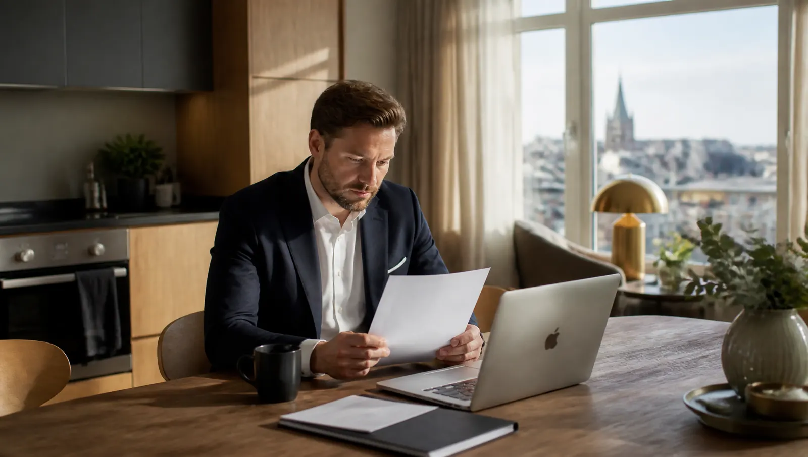 Konsult granskar corporate lease-avtal i möblerad företagslägenhet i Västerås