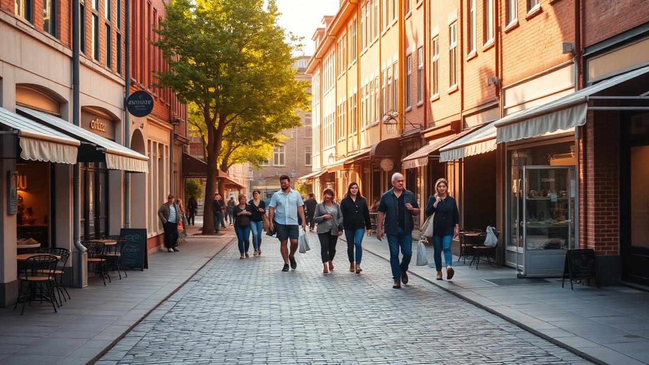Kullerstensgata i centrala Västerås med caféer