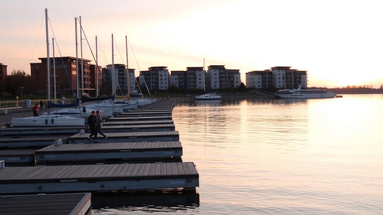 Lägenheter och båtbryggor vid Mälaren i Öster Mälarstrand